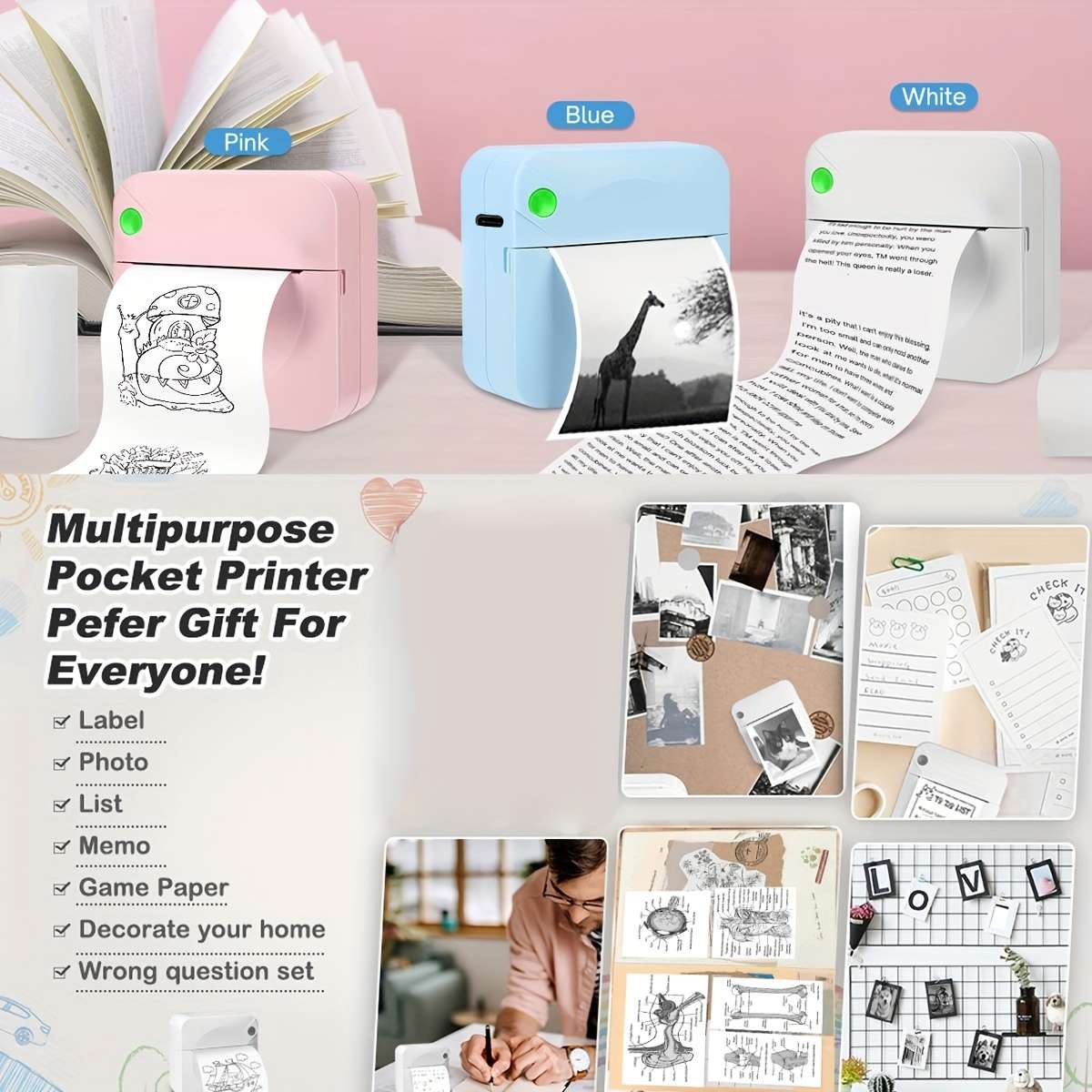 Printer Color White  3 Rolls Of Thermal Paper 5.7Cm*2.5Cm  Random Stickers  Storage Bag