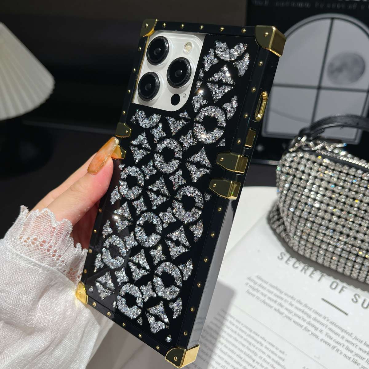1Pc Black For iPhone 16 Plus Mirror Rhinestone Phone Case