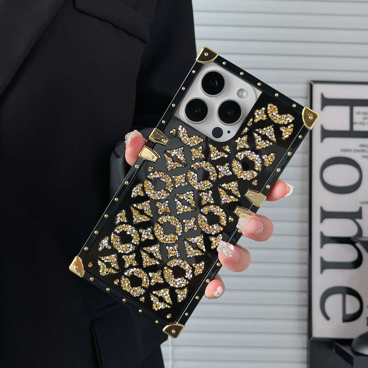 1Pc Black For iPhone 16 Plus Mirror Rhinestone Phone Case