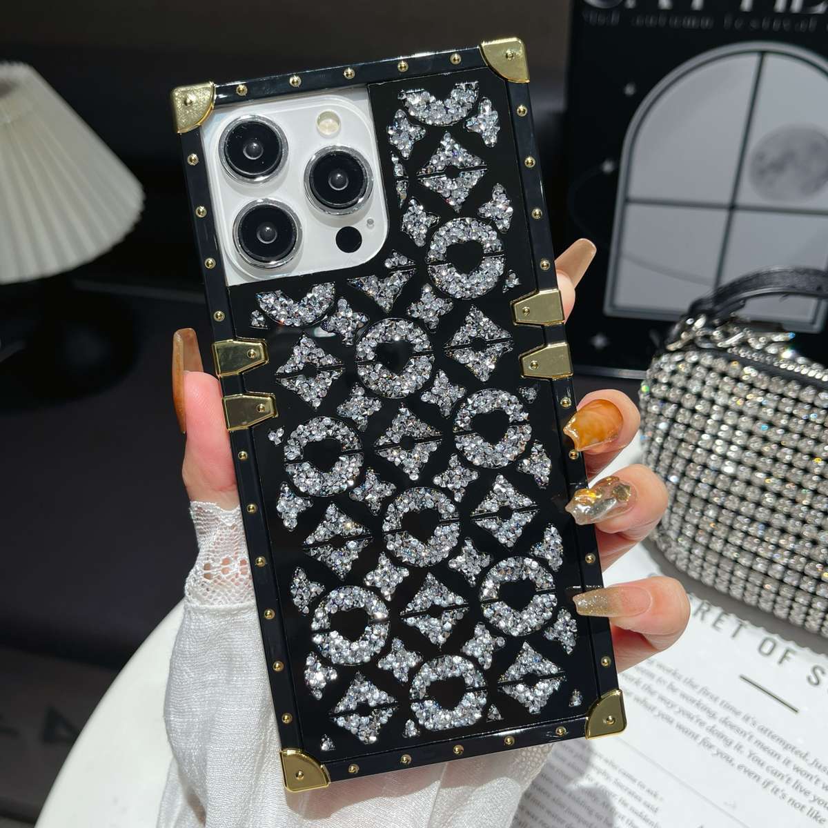 1Pc Black For iPhone 16 Plus Mirror Rhinestone Phone Case