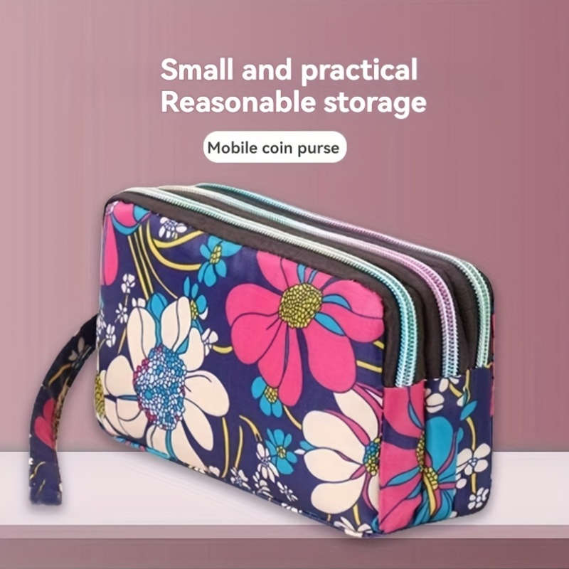 Elegant Floral Printed Polyester Wristlet Wallet Large Capacity Zippered Clutch Bag Lightweig