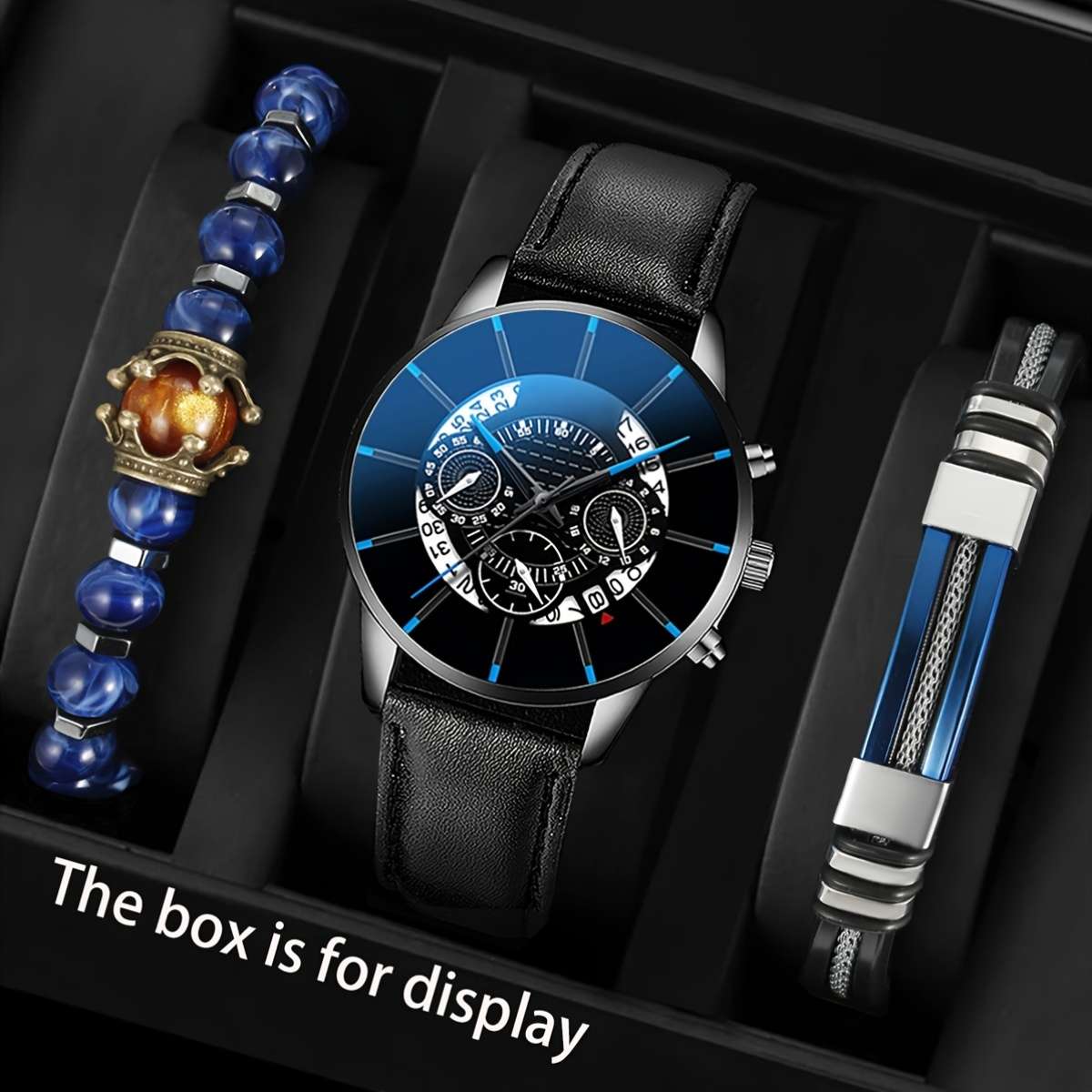 3Pcs Premium Men Business Style Wristwatch Versatile Bracelet Set Perfect Black