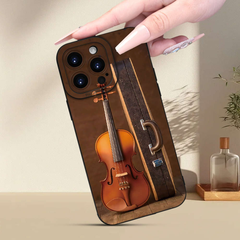 1Pc Black For iPhone 12 Violin Print Phone Case