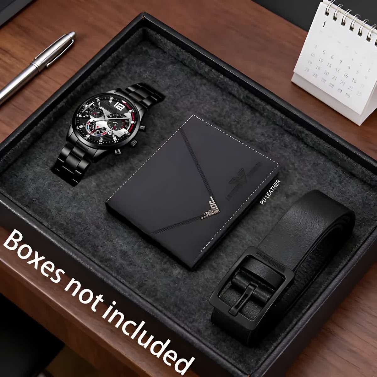 3Pcs Men Watch Belt And Wallet Set Black Timeless Business Classic