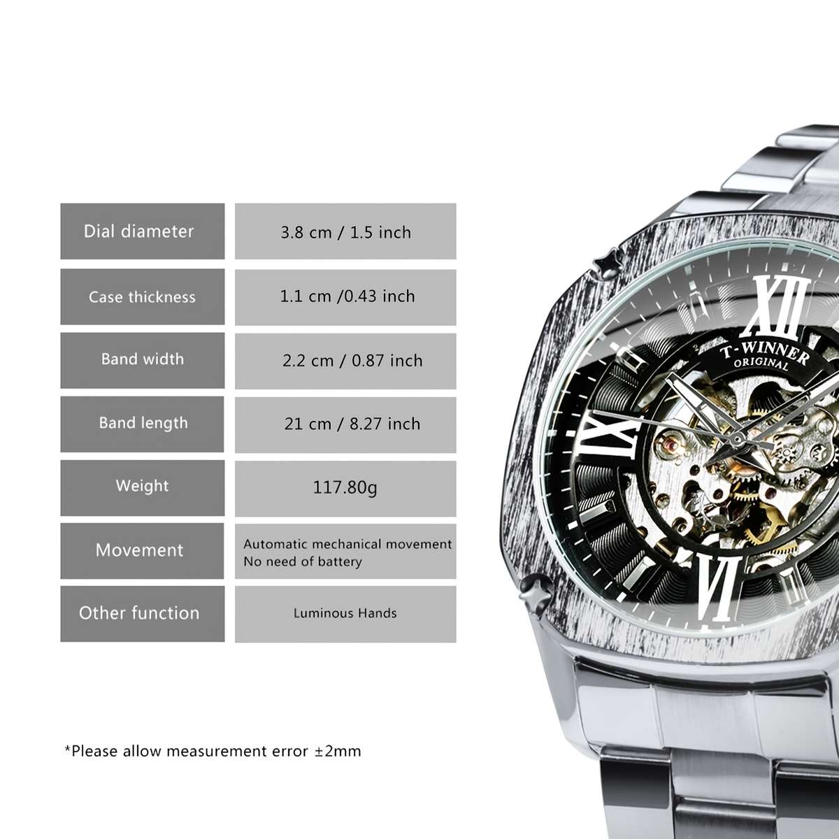 Men Fashion Square Skeleton Automatic Mechanical Watch For Men Luminous