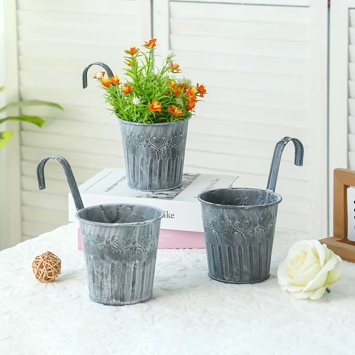 Flowerpot Quantity 2 Retro Whitewash Round Hanging Bucket