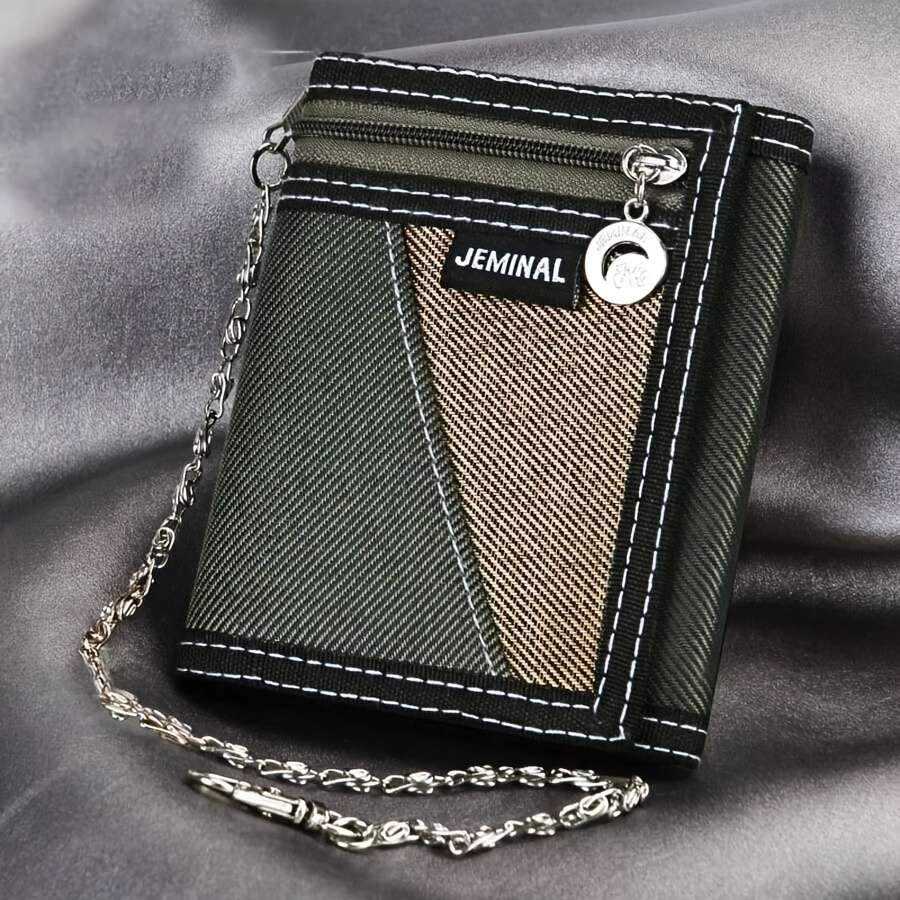 1pc Compact Men's Canvas WalletHigh-Quality Multi-Functional with Chain Detail Portable Travel