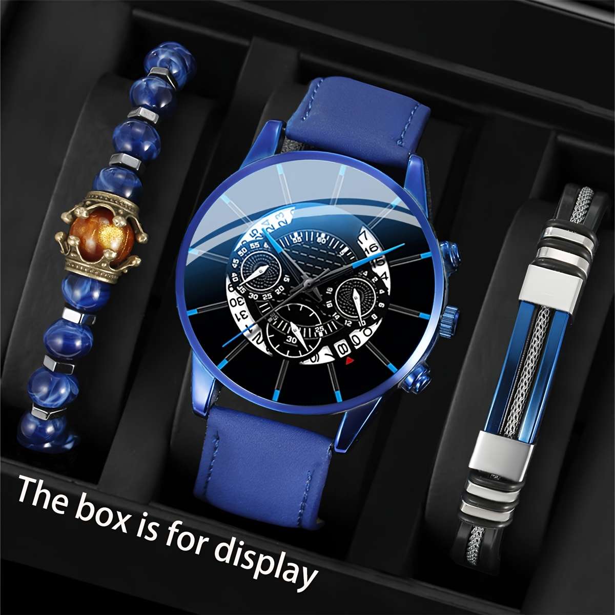 3Pcs Premium Men Business Style Wristwatch Versatile Bracelet Set Perfect Black