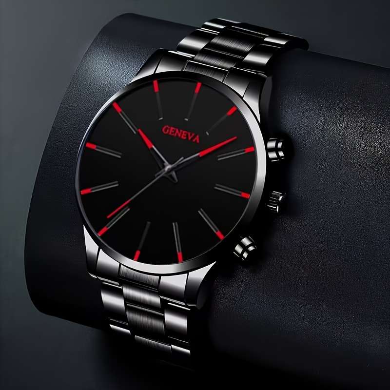 4Pcs Fashion Men Round Quartz Watch Set With Stainless Steel Strap