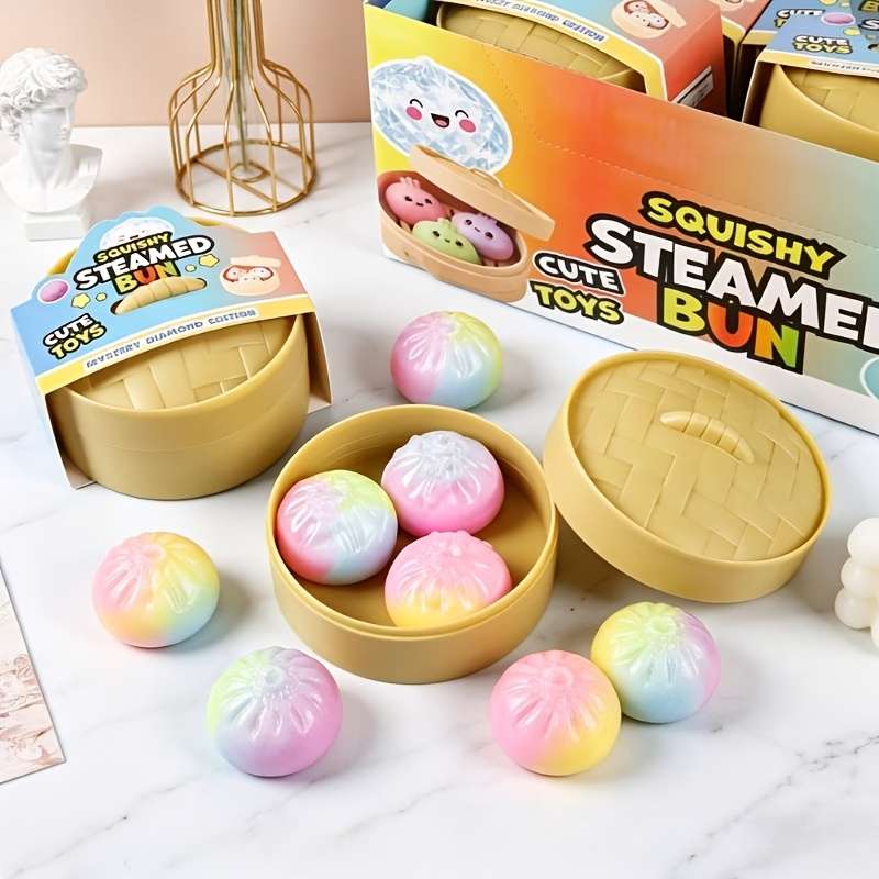 Squeezable Toys Items Type A 5 Piece Set 3 Steamed Buns In Random Colors 1 Lid 1 Steamer
