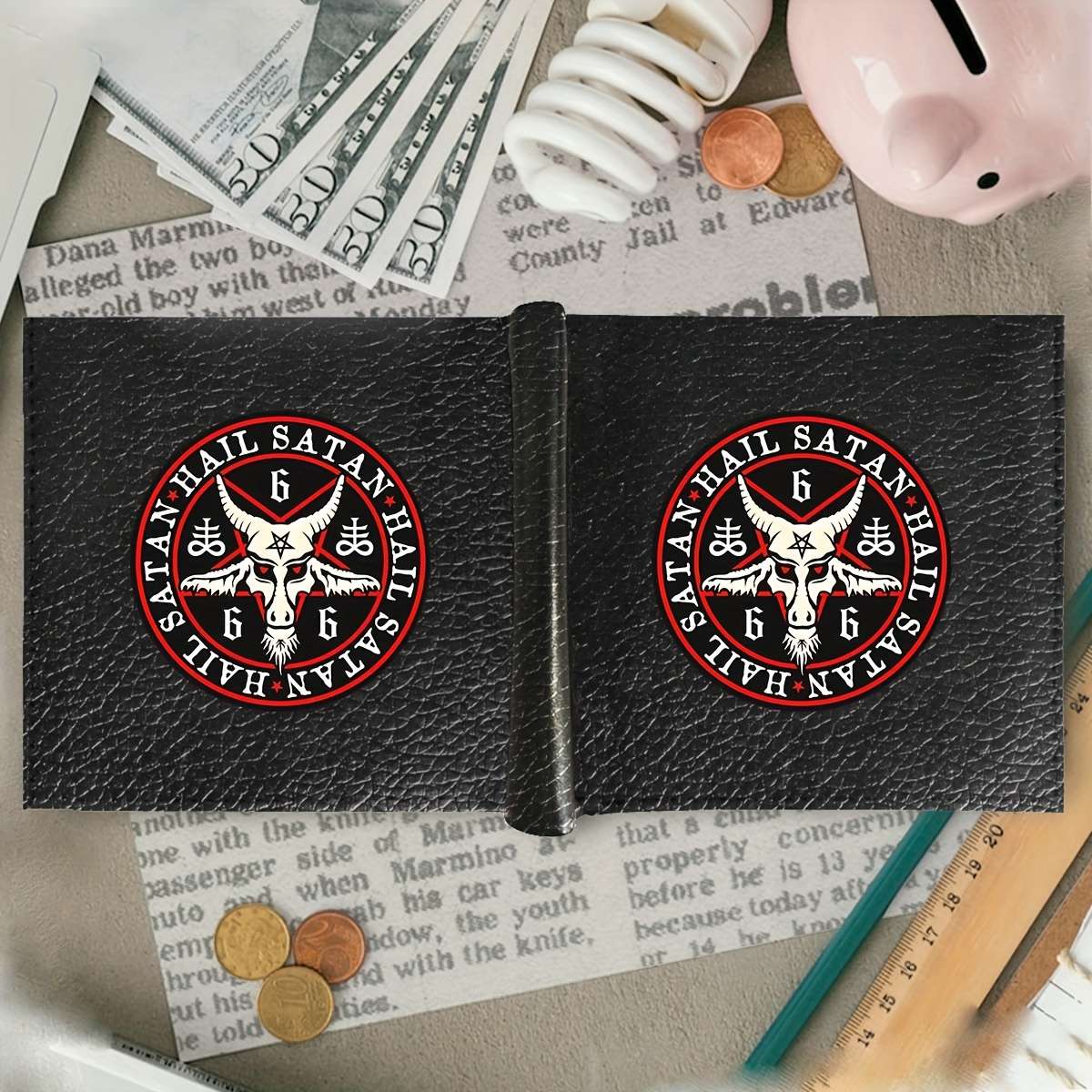 Funny Hail Satan Men'S Pu Leather Simple Style Wallet Multifunctional Short Bifold Coin Pur