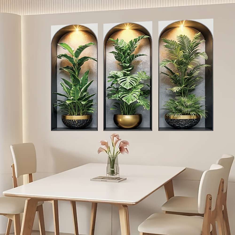 3Pcs Stylish Modern Arched Wall Hanging Plant Stickers Tropical Palm Living