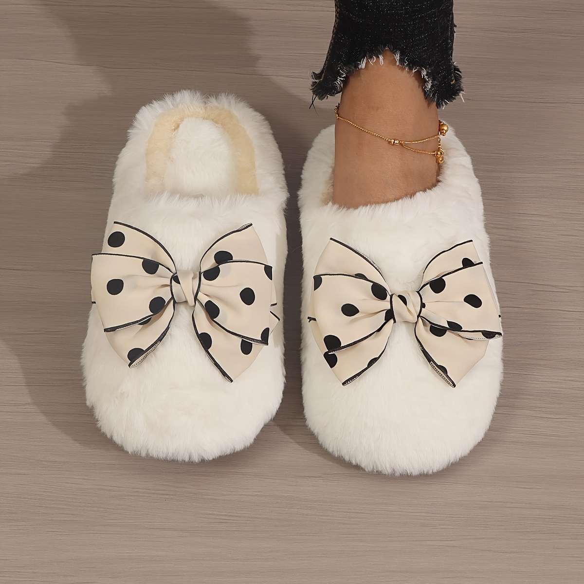 Cotton Slippers Color Softsoled Cotton Shoes Whitepolka Dot Bow Sizeuk 6.5-7