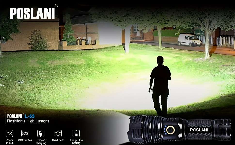 Heavy Duty Poslani Led Rechargeable Flashlight Adjustable High Power Travel