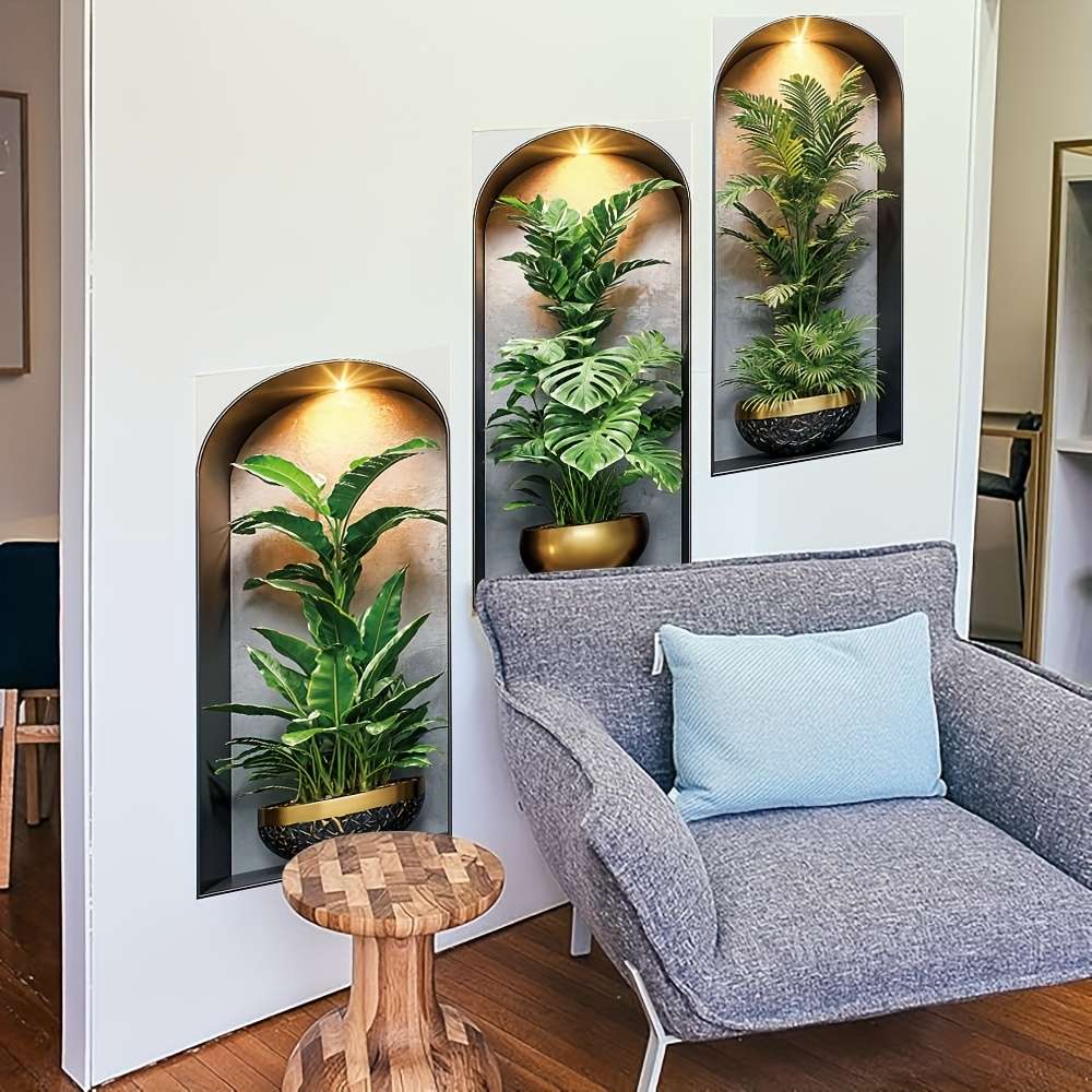 3Pcs Stylish Modern Arched Wall Hanging Plant Stickers Tropical Palm Living
