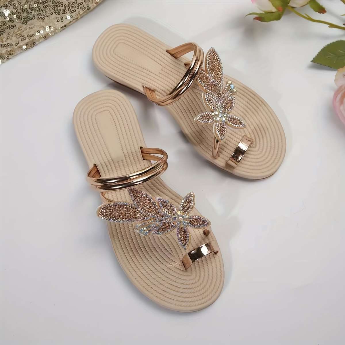 Ladies Summer Flip Flops Light Gold Uk 7