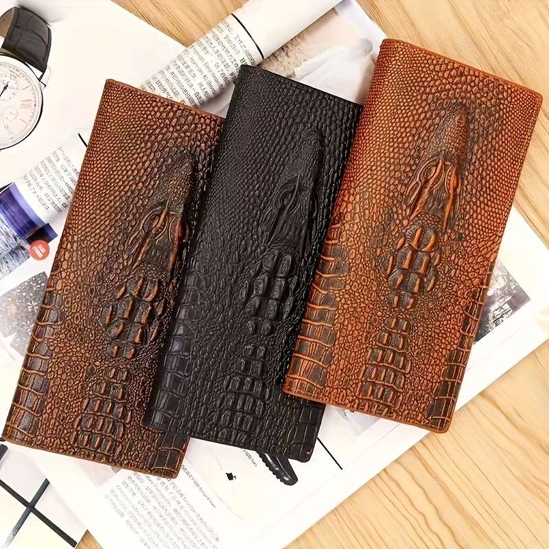 Men'S Classic Crocodile Pattern Long Walletmulti-Card Holder With Zipper Coin Pocket Textur