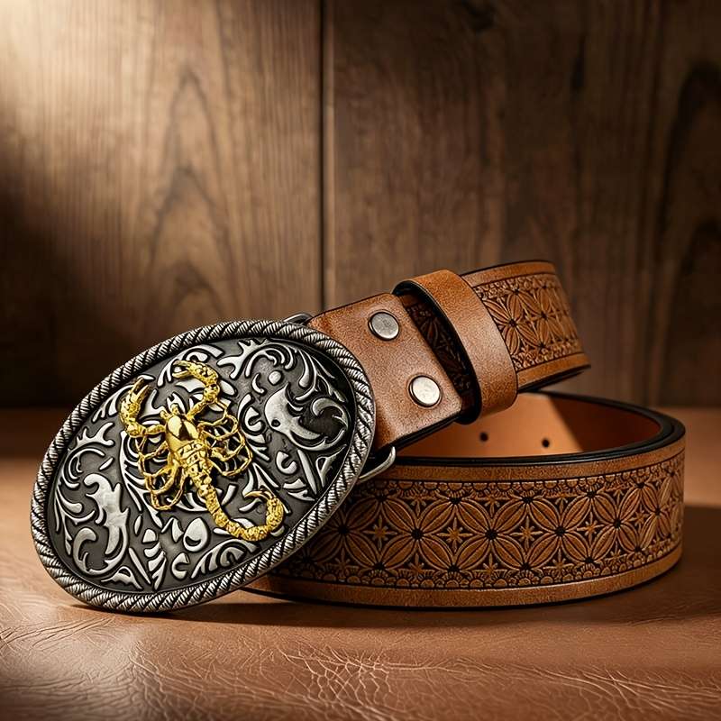 Belt Color Copper Base With Golden Scorpion  Brown Checkered Pattern Size 105 108Cm 41.34 42.52In
