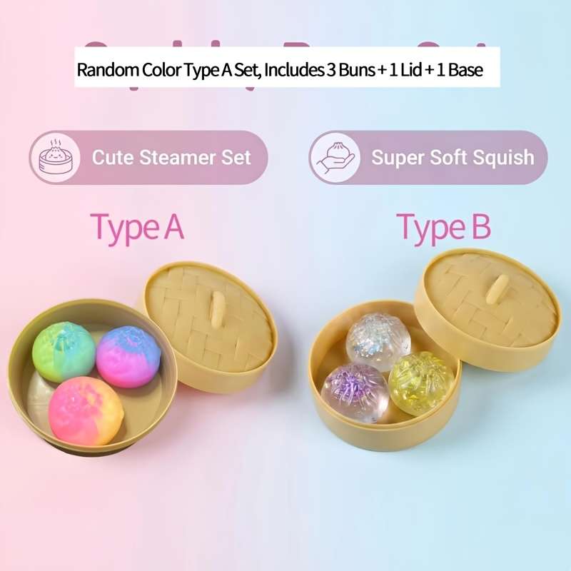 Squeezable Toys Items Type A 5 Piece Set 3 Steamed Buns In Random Colors 1 Lid 1 Steamer
