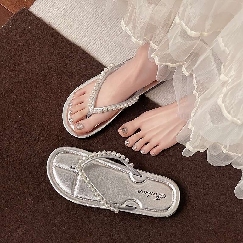 Ladies Summer Flip Flops Silvery Uk 4.5-5