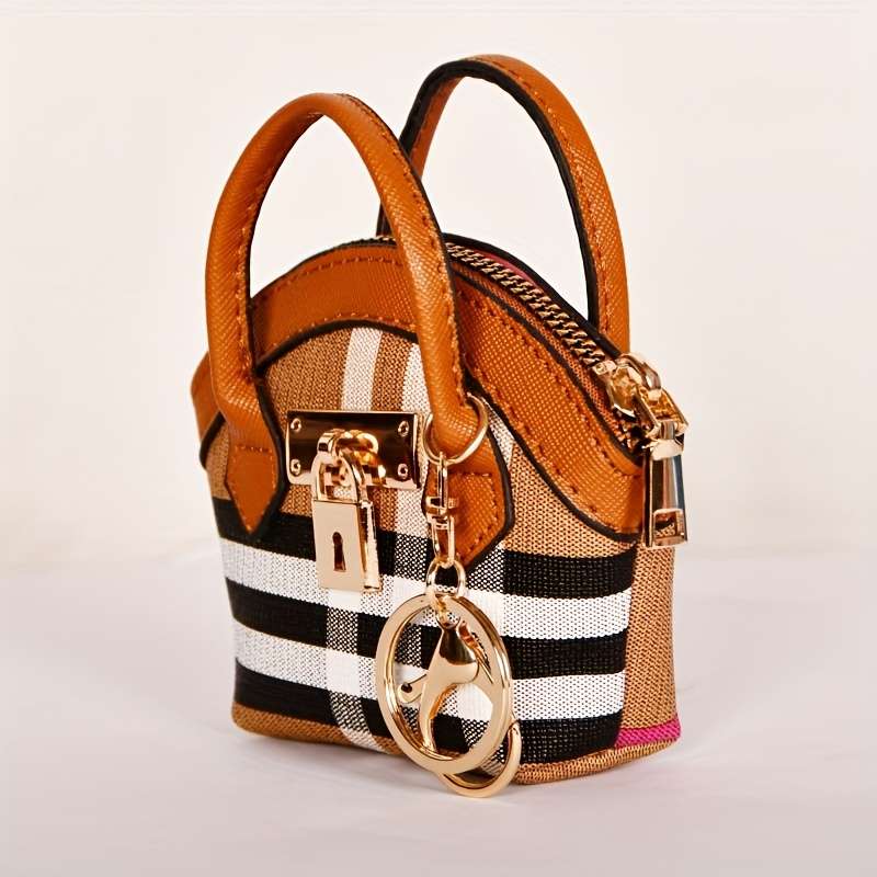 Chic Plaid Faux Leather Keychain Coin Walletfashionable Brown Black White Pattern With Gol