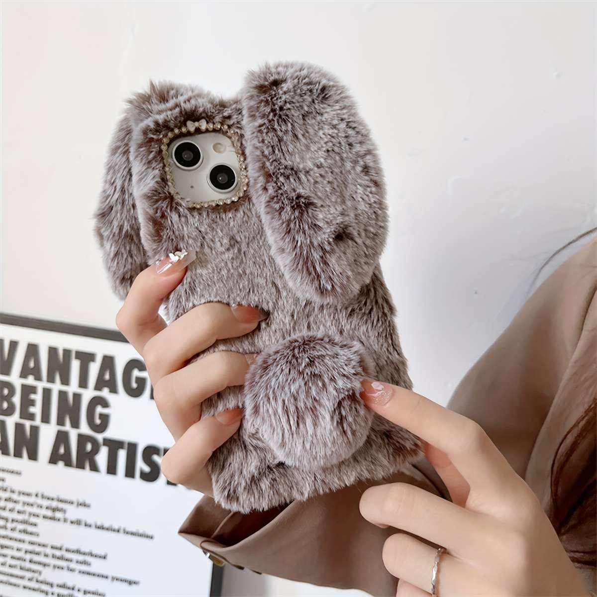 1Pc Brown For iPhone 13 Cute Rabbit Plush Phone Case