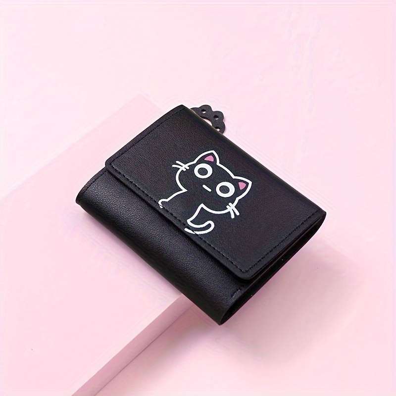 Vintage Style Cartoon Cat Pattern Pu Wallet Mini Tri-Fold Card Holder With Cat Paw Charm