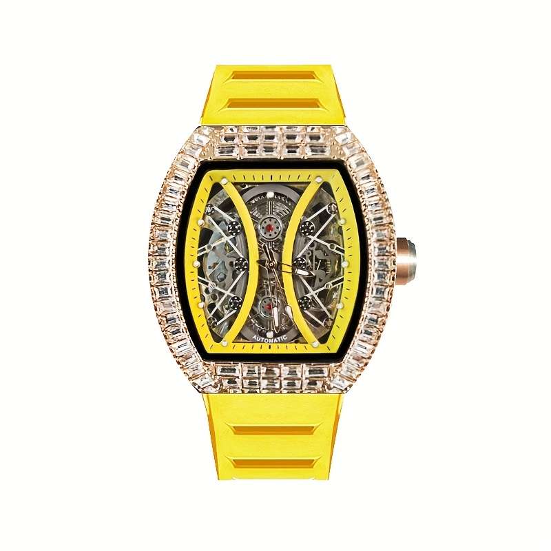 Luxury Tevise Mens Automatic Mechanical Watch Skeleton Tonneau Case