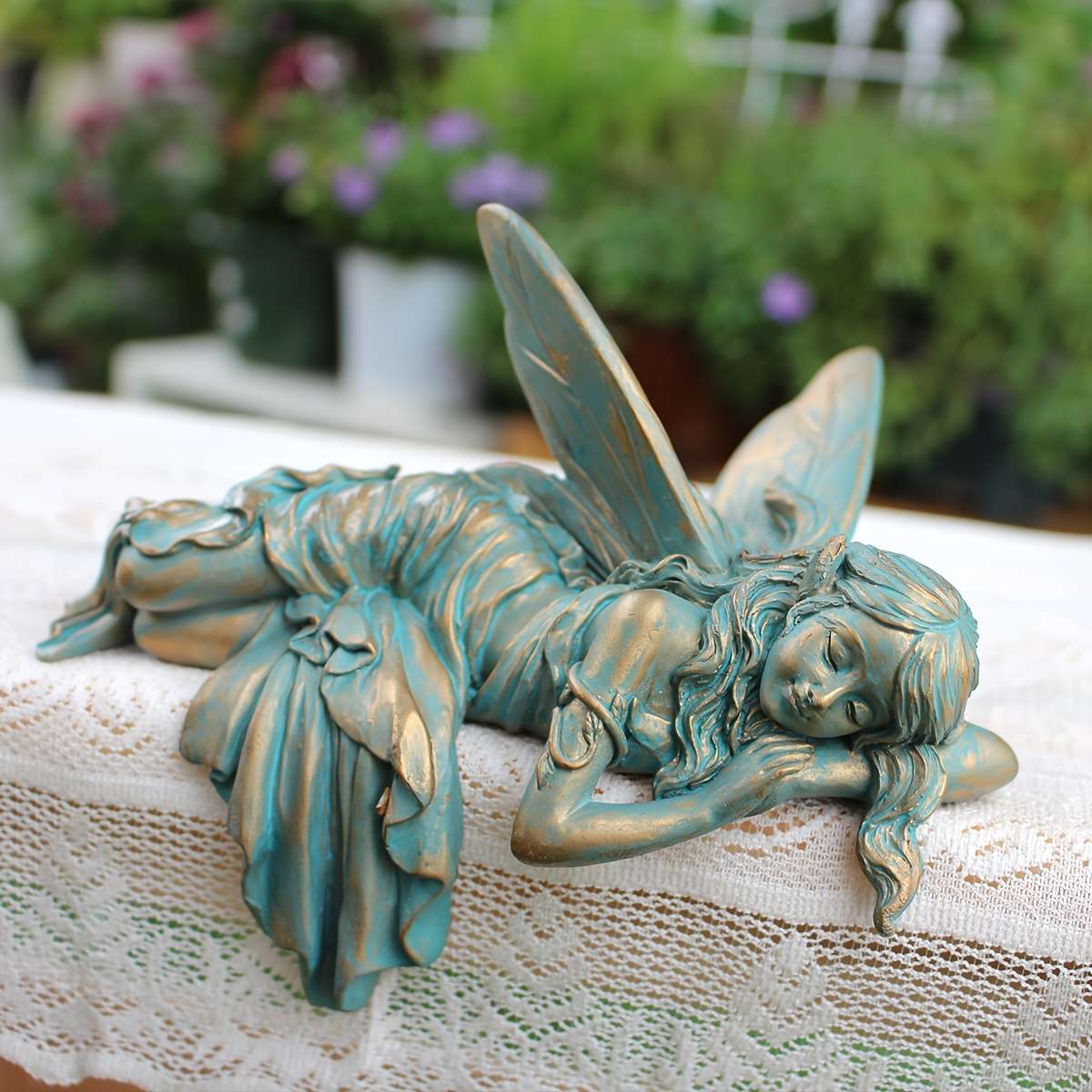 Exquisite Copper Colored Sleeping Fairy Statue Resin Garden Decor With Intricate
