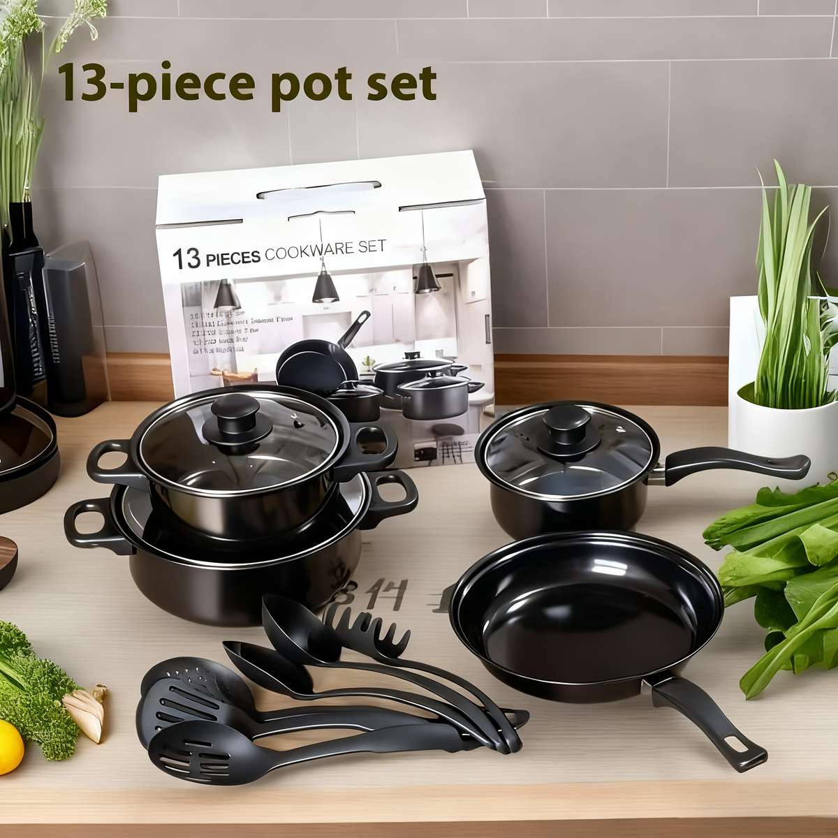 13Pcs Exquisite Set Soup Pot Kitchen Frying Pan Gift