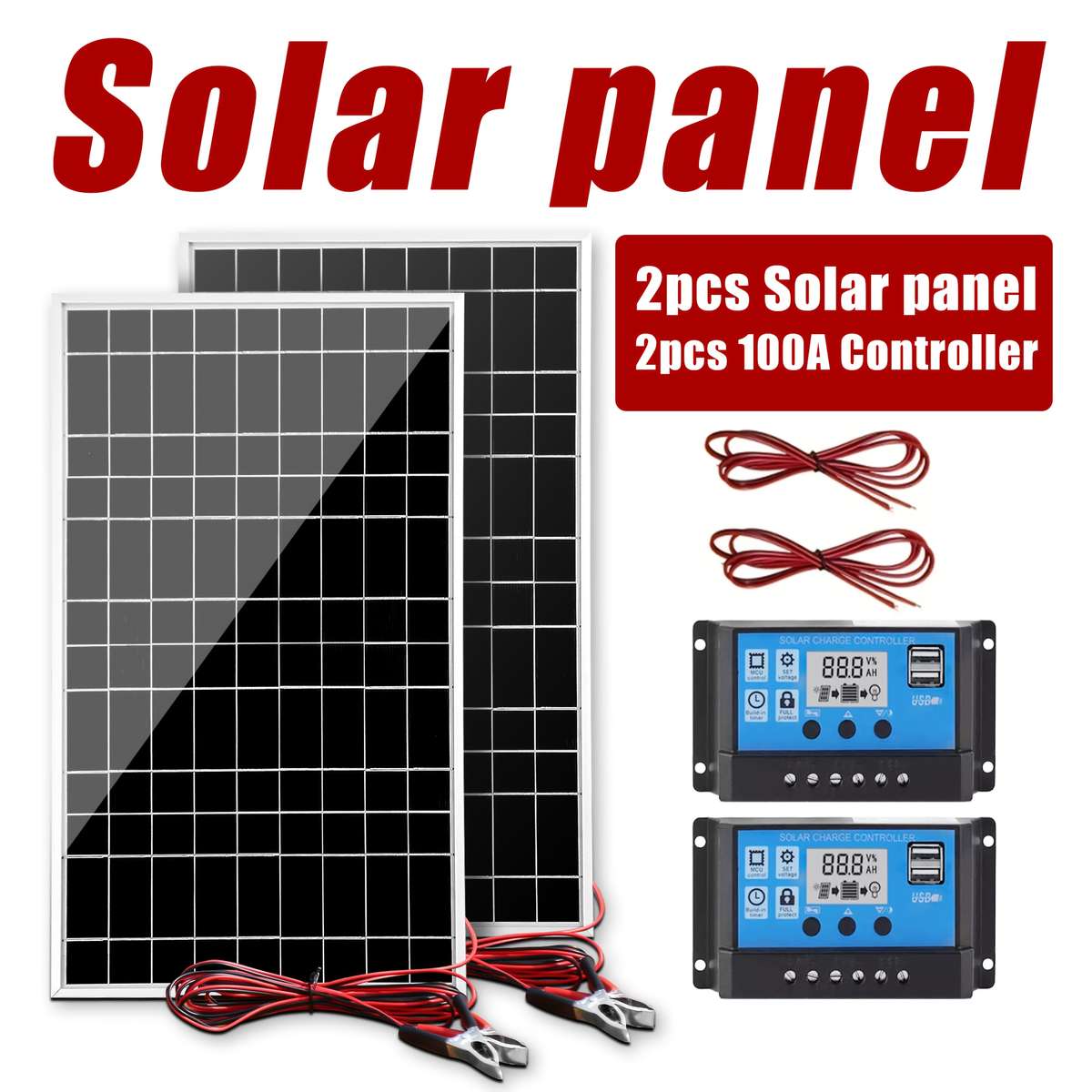 Solar Panel 2Pcs Solar Panel Add 2Pcs 100A Controller