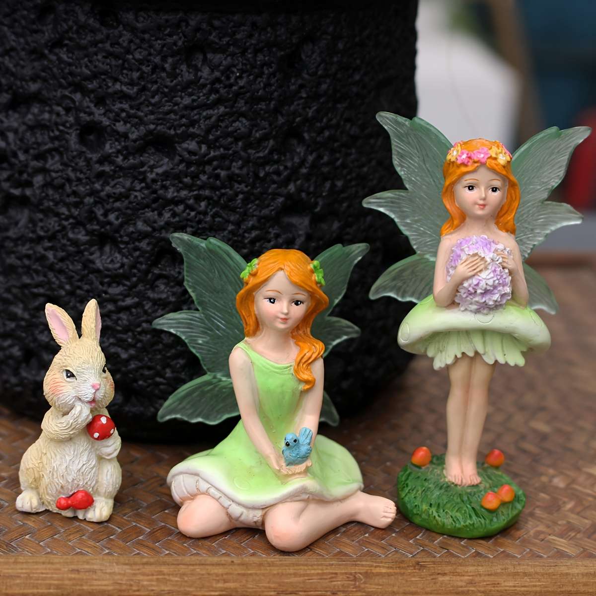 3Pcs Easter Bunny Fairy Miniature Statues