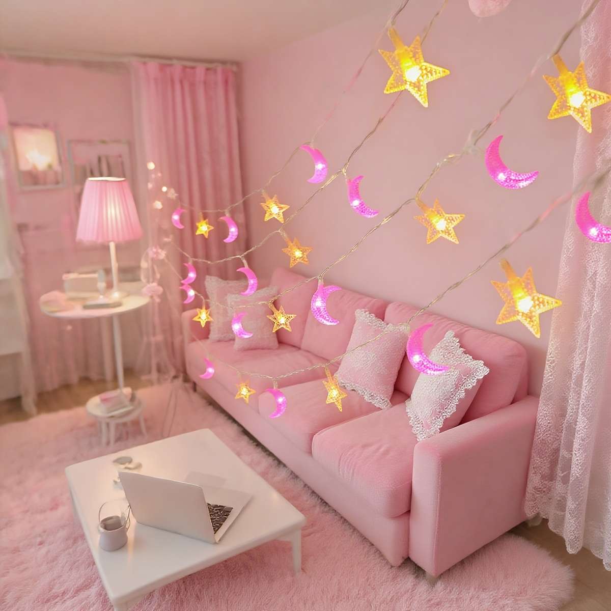 Reliable Sturdy Material Pink Moon Warm Star String For Wedding Party 59Inch