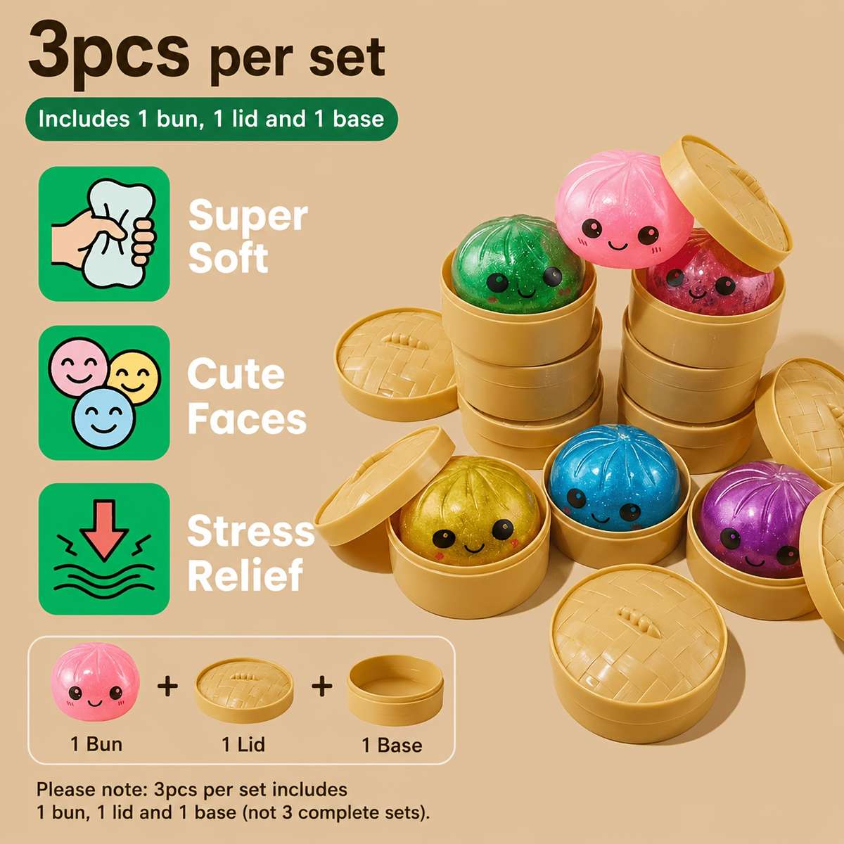 Squeezable Toys Color Random Color Style 3Pcs Set1 Bun 1Lid 1Base