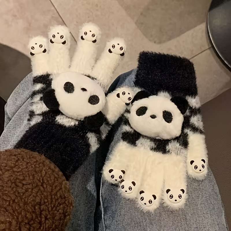 Vintage Ergonomic Soft And Cute Panda Plush Gloves For Women Winter Touchscreen