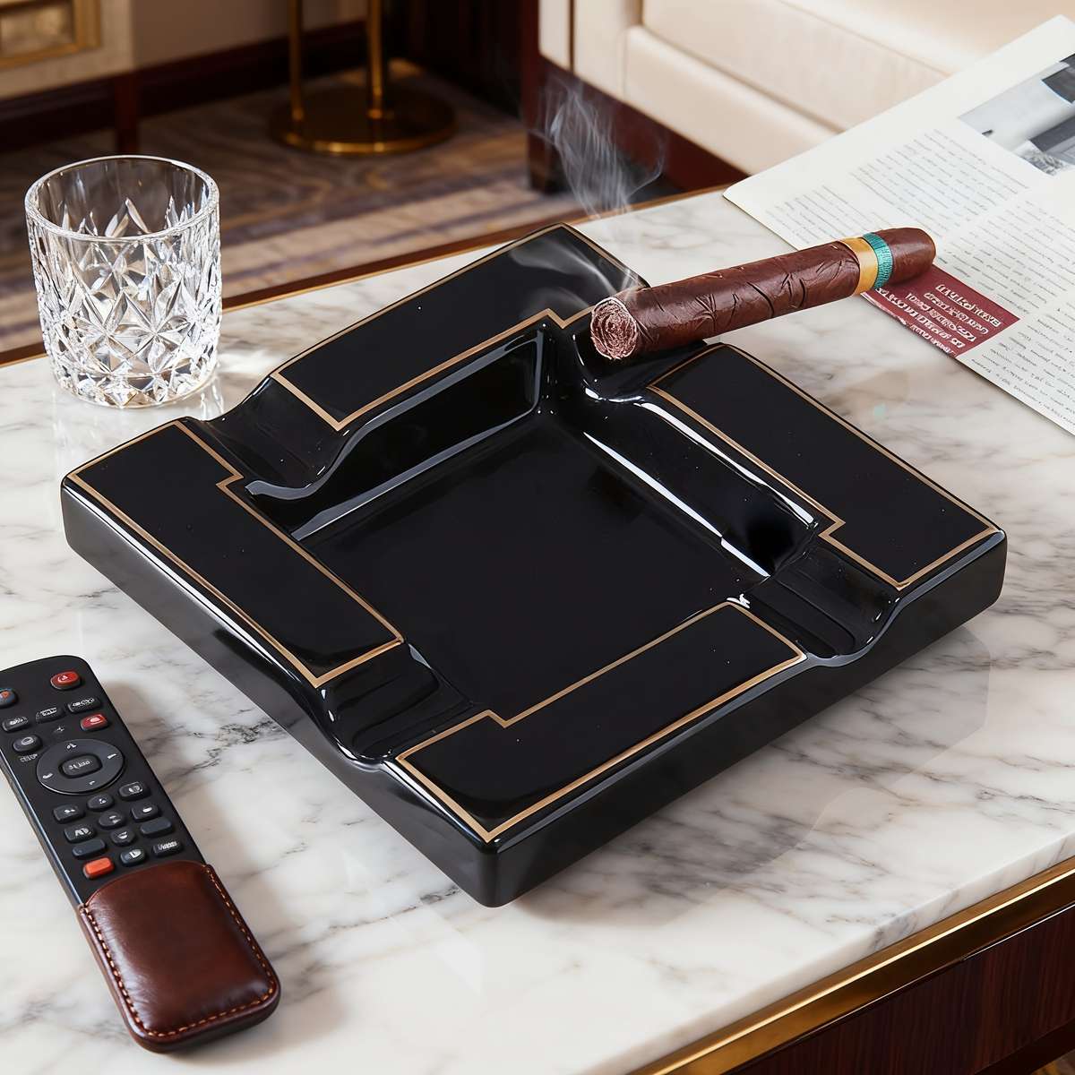 Heavy Duty Luxury Black Golden Ceramic Ashtray With Smoke Slot Design Black