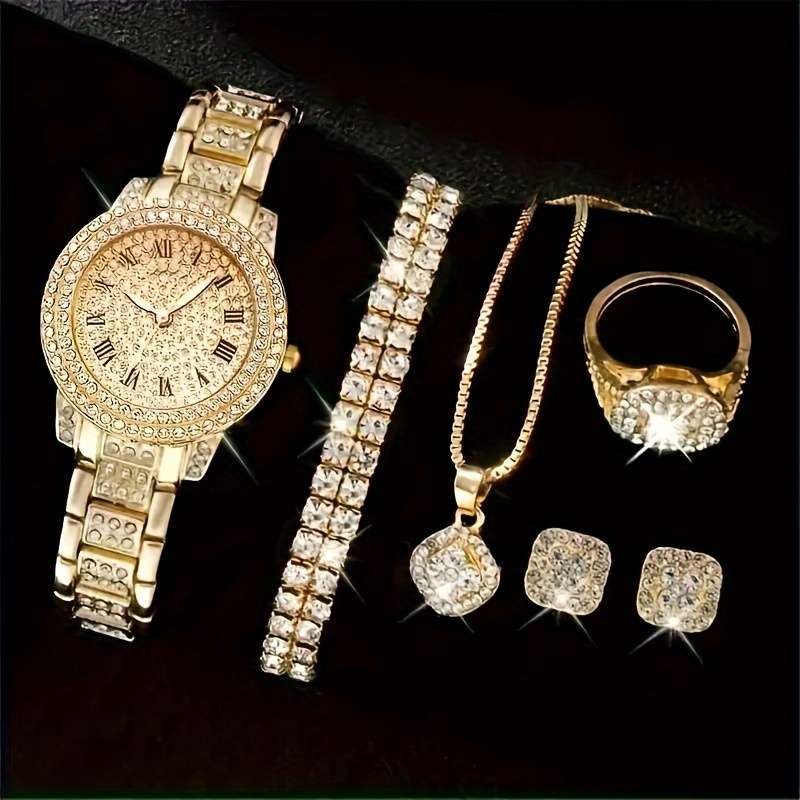 7Pcs Professional Round Rhinestone Quartz Watch Alloy Strap Hands Dial Set E