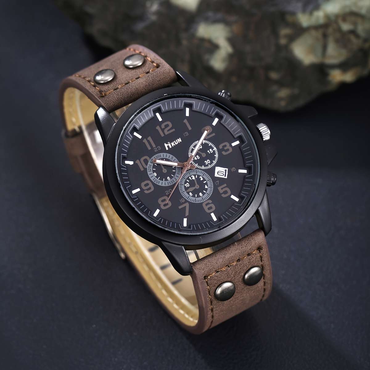 6Pcs Men Retro Pu Leather Trendy Versatile Watch Glasses Bracelet Set