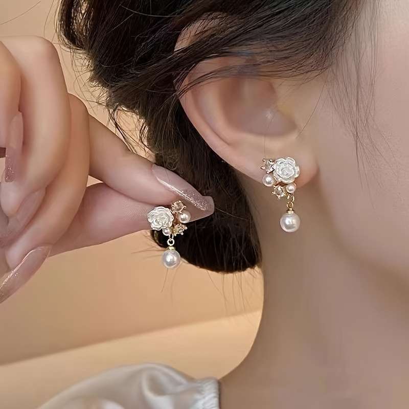 Women S Earrings Items Camellia Imitation Pearl Earrings  1 Pair