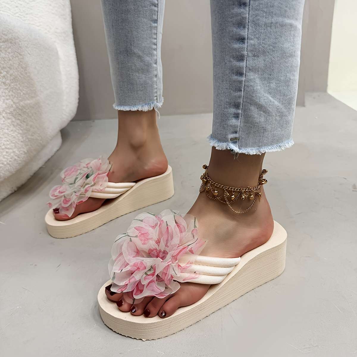 Ladies Summer Flip Flops Beige Uk 7