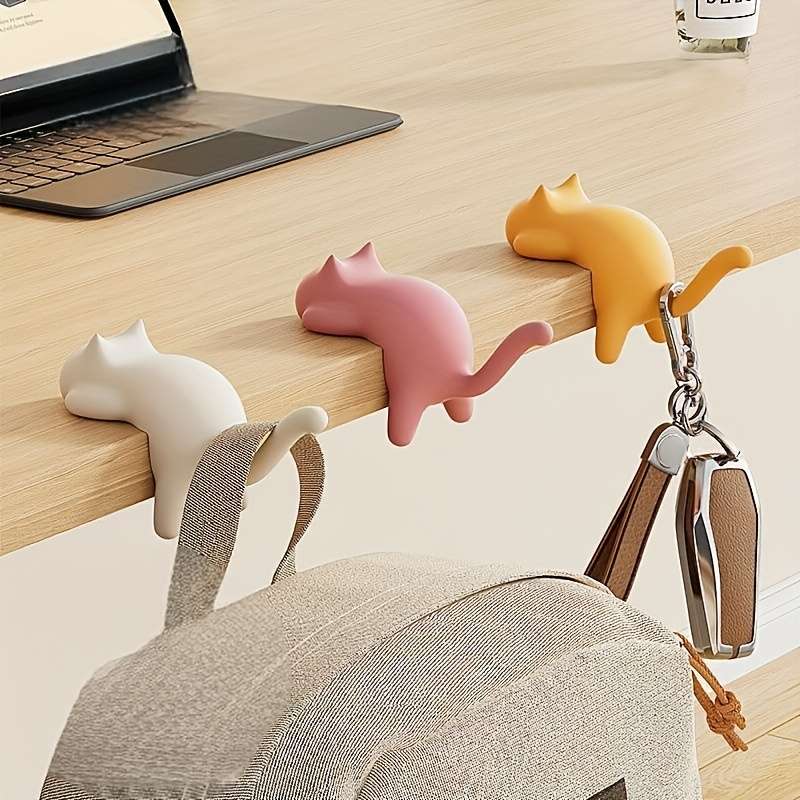 Cute Cat Desktop Hook Cat Shaped Adhesive Hook In 3 Colors color 1 White