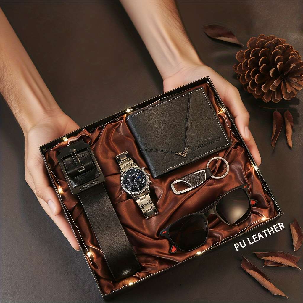 7PCS Mens Setwatch Wallet Belt Keychain Greeting Card Glassesfauxitems Gift Box
