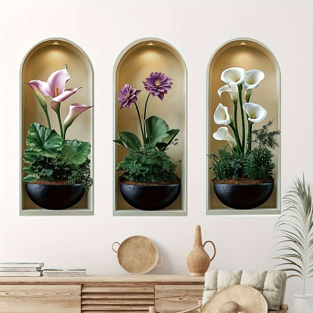 3Pcs Exquisite Realistic Arch Niche Black Pot And Lily The For Kitchen 25Cm