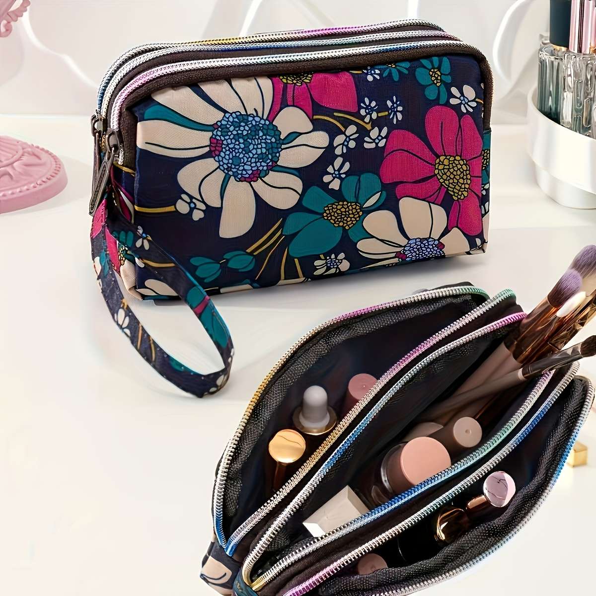 Elegant Floral Printed Polyester Wristlet Wallet Large Capacity Zippered Clutch Bag Lightweig