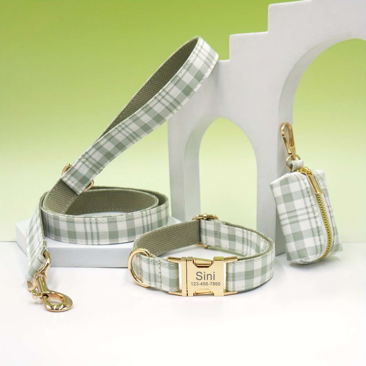 Dog Leash Color Blue Plaid Light Golden Leash 3Piece Set Size S