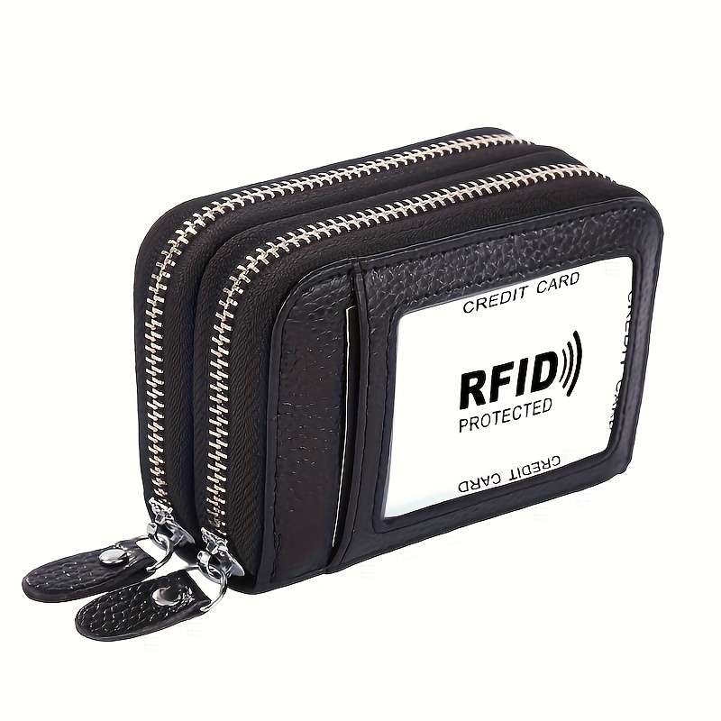 Genuine Leather Credit Card Wallet With Small Coin Purse And Double Zipper Rfid Blocking Credi
