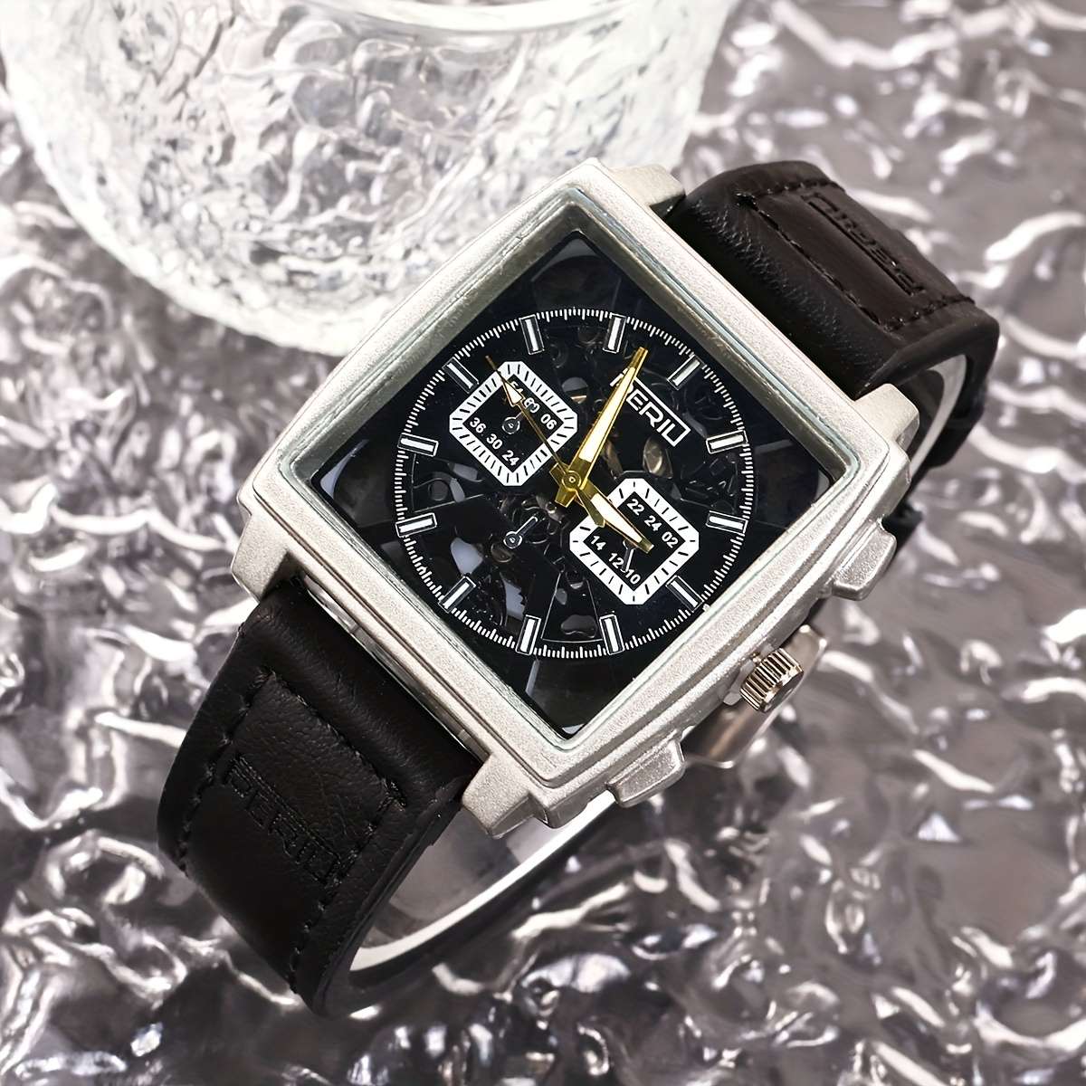 Men Quartz Watch Featuring Square Silvery Case With Hollow Design