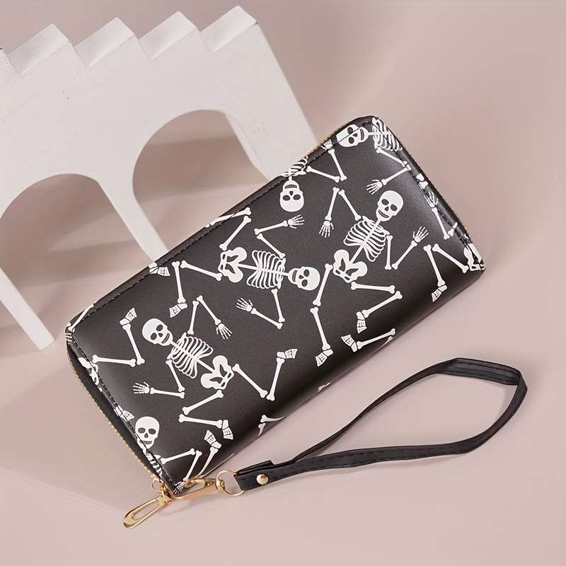 Edgy Chic Gothic Skull Print Womens Wallet Stylish Large Capacity Zipper Closure Multi-Ca