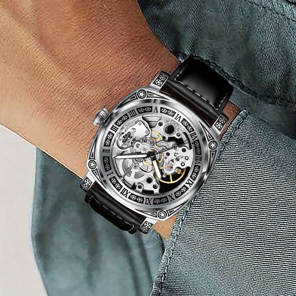 Carved Automatic Watches For Men Tattoo Case Watches For Men