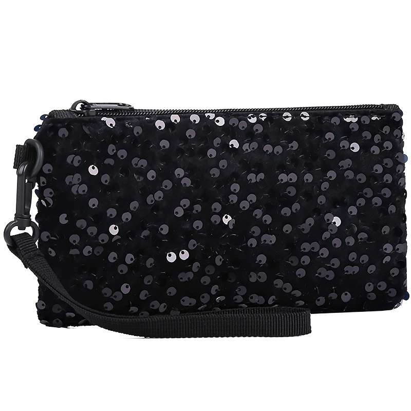 Women'S Black Sequin Clutch Walletlong Zippered Phone Bag With Adjustable Strap Stylish Wri